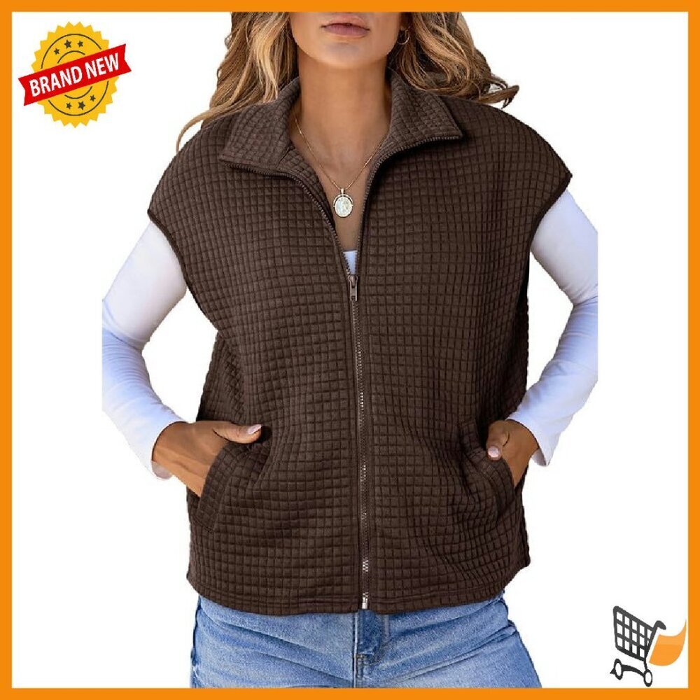 Oversized Waffle Knit Vest with Zipper and Side Pockets